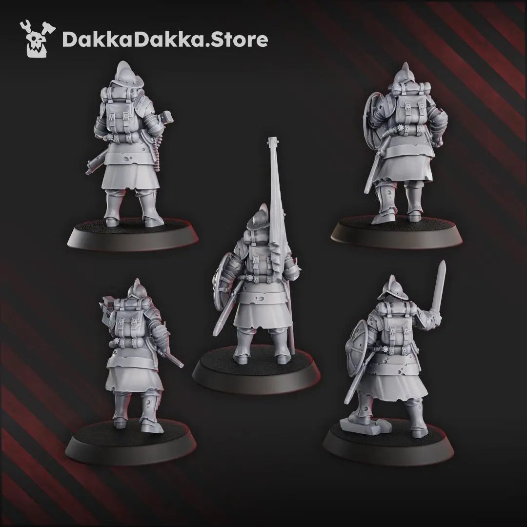 Five 3D printed trench veterans miniatures by Last Hope Miniatures for DakkaDakka, featuring detailed military figures in combat gear.