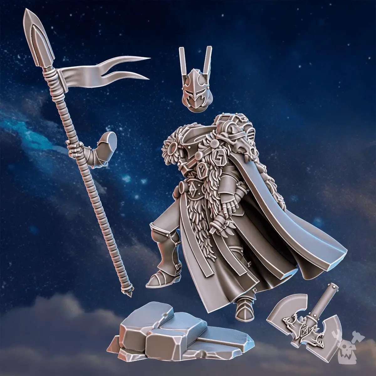 3D printed Tribe Warmaster Elza miniature by DakkaDakka Miniatures, shown in detailed close-up, mounted on a display stand.