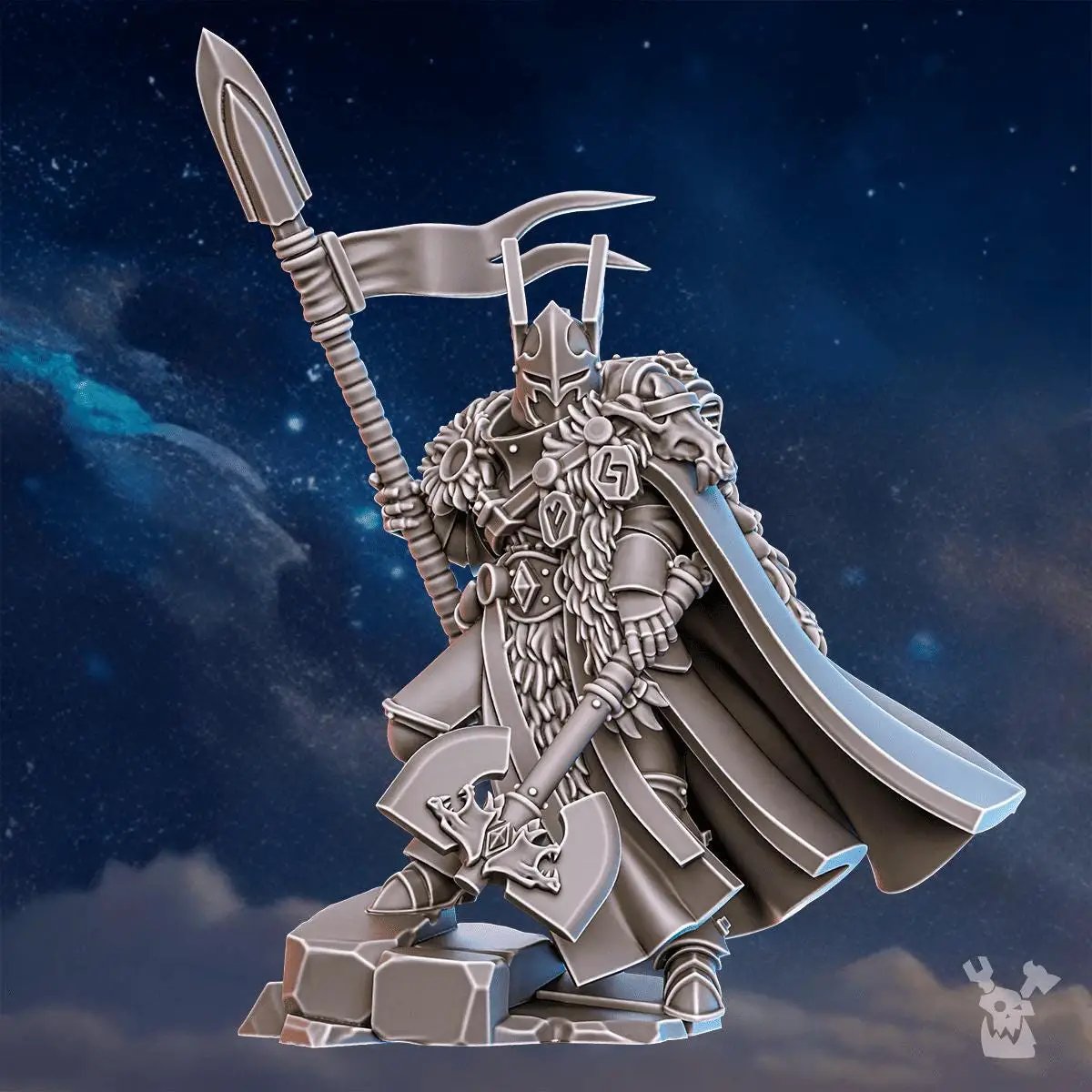 3D printed Tribe Warmaster Ezra miniature by DakkaDakka Miniatures, detailed fantasy figure with intricate armor and weaponry.