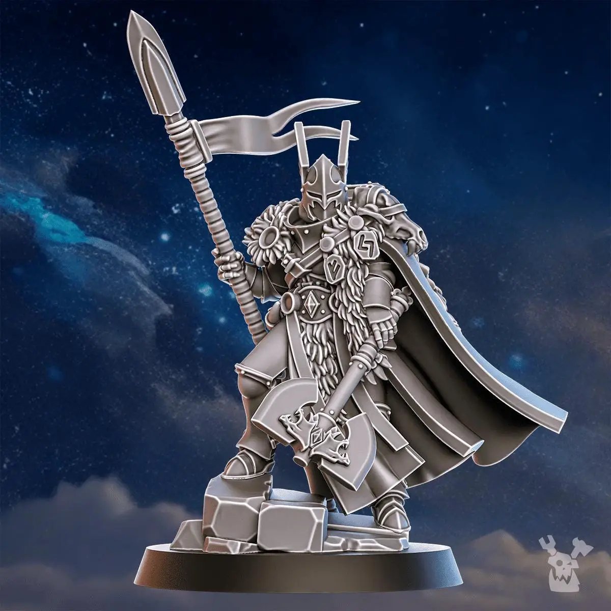 3D printed Tribe Warmaster Ezra miniature by DakkaDakka Miniatures, detailed model in warmaster armor and tribal clothing.