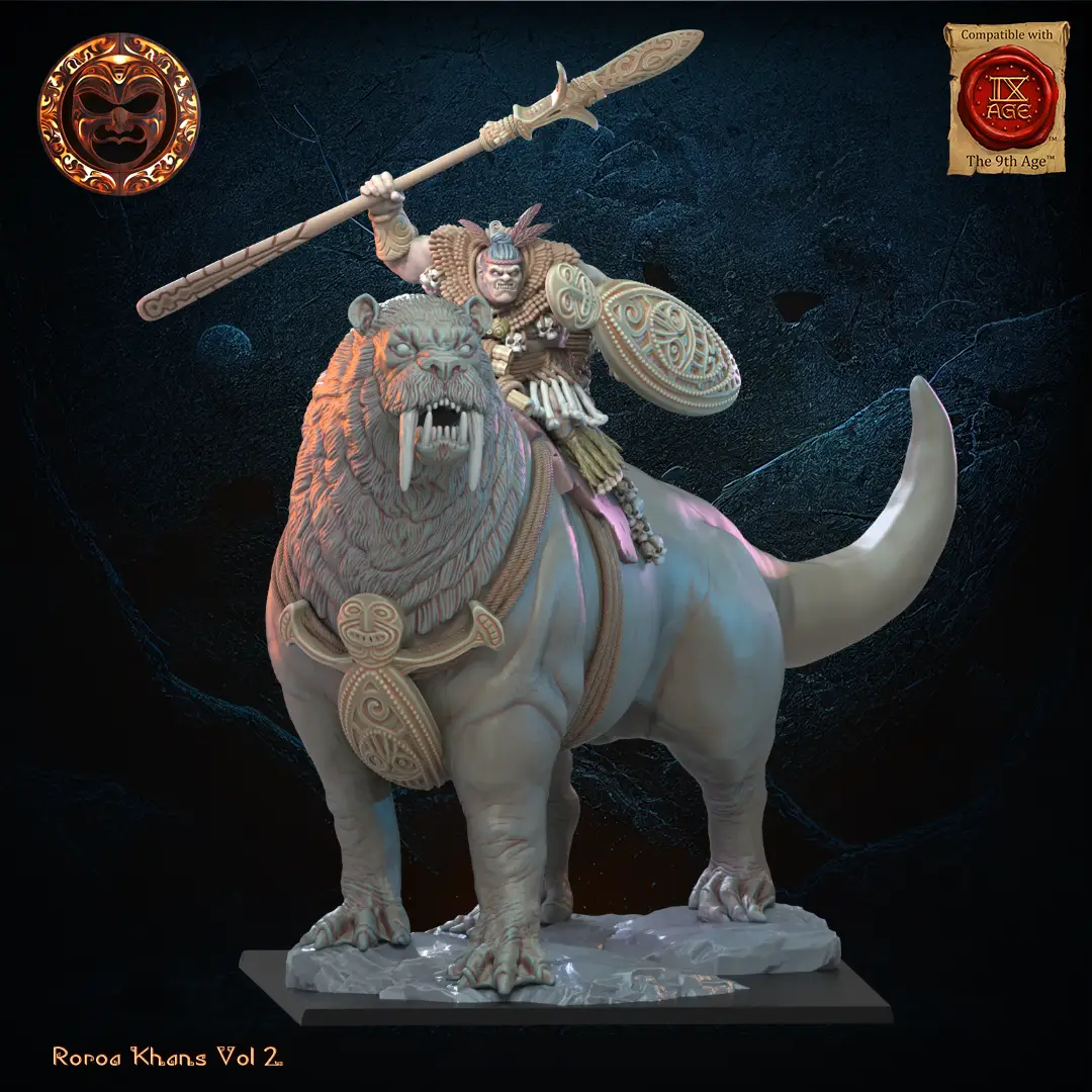3D printed Tusker Ariki figure on Bunyip from Lost Kingdom Miniatures, showcasing detailed miniature fantasy creature.