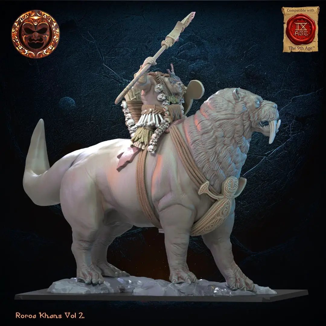 3D printed Tusker Ariki figure mounted on Bunyip by Lost Kingdom Miniatures, detailed miniature model for tabletop gaming.