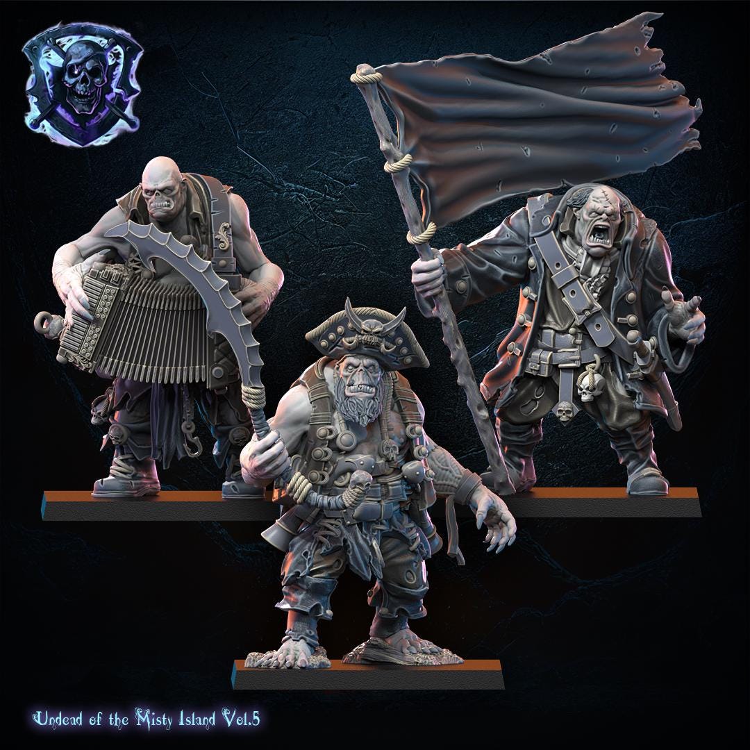 3D printed undead pirate ogre command group miniatures by Last Hope Miniatures, featuring detailed undead pirate ogre figures.