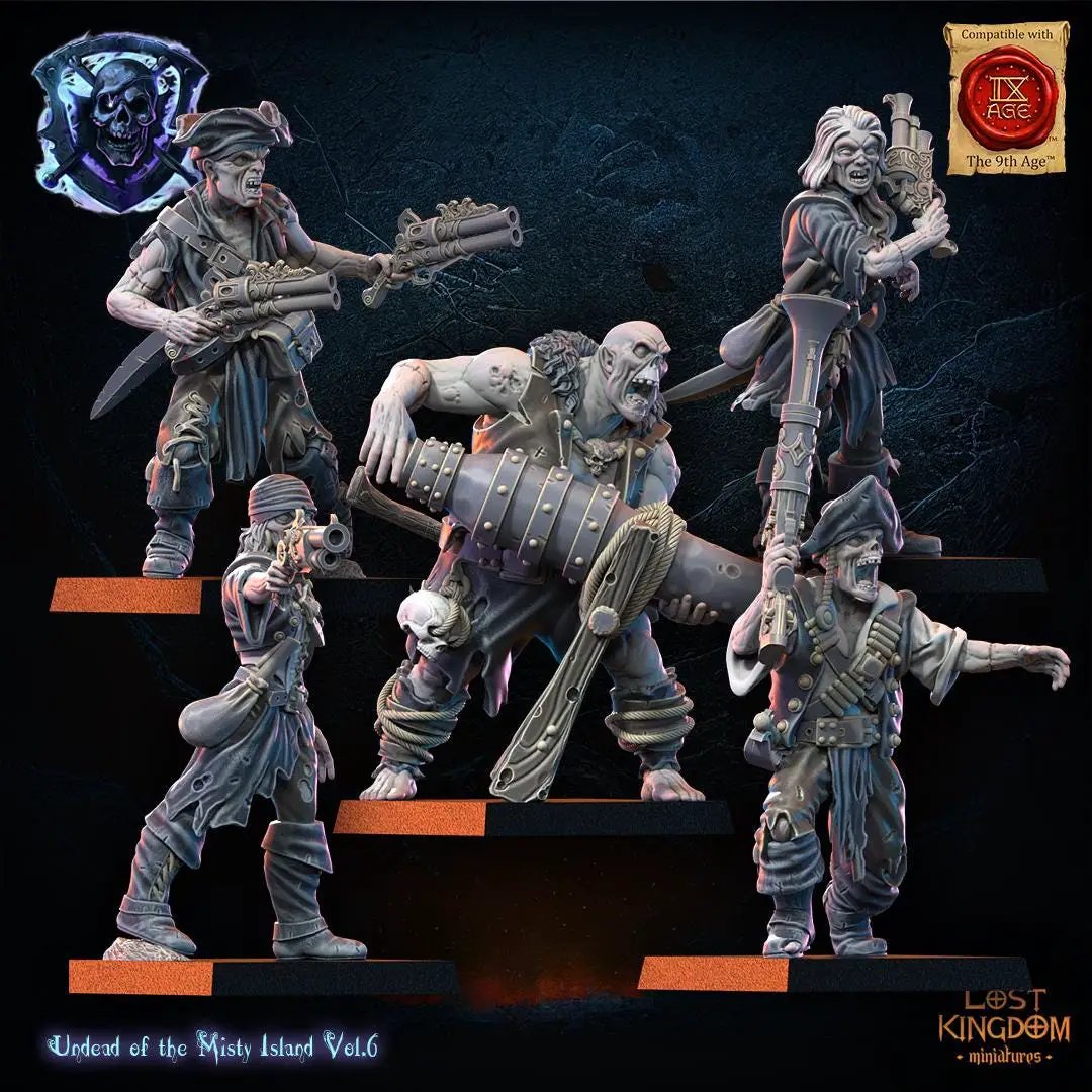 3D printed undead pirate regiment by Lost Kingdom Miniatures, featuring detailed skeleton pirates in battle-ready poses.