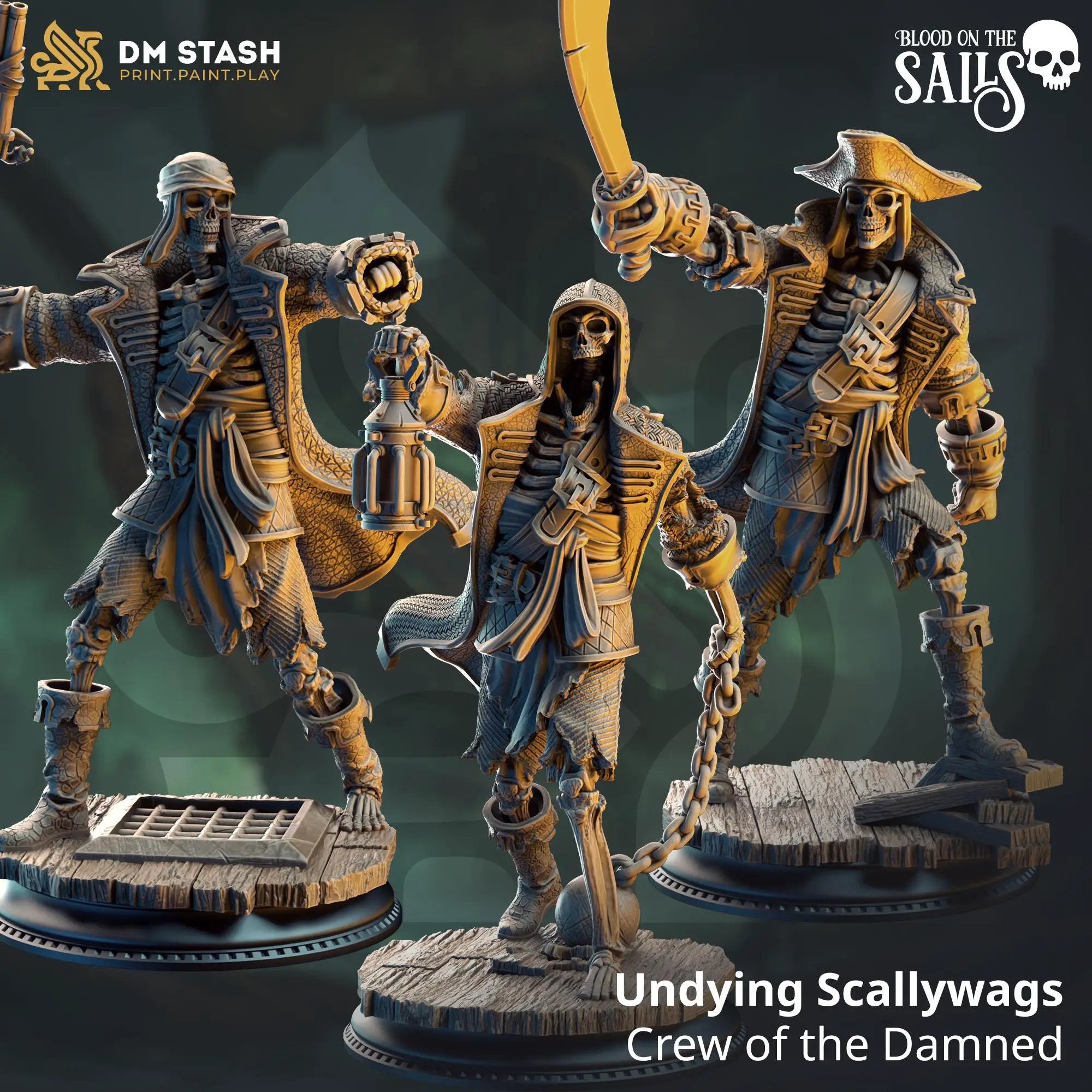 3D printed Undying Scallywags miniature by Last Hope Miniatures for DM Stash, detailed undead pirate figures on a textured base.