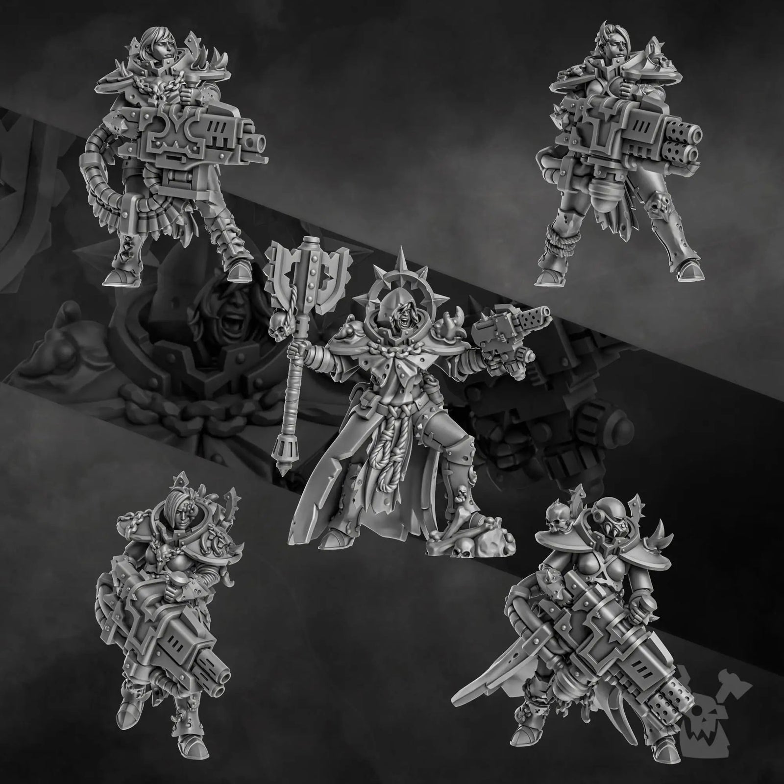 3D printed Unholy Sisters miniature by DakkaDakka Miniatures, featuring detailed religious armor and weapons from Last Hope Miniatures.