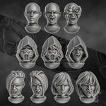 Set of 10 3D printed Unholy Space Coven heads by Last Hope Miniatures for tabletop gaming, detailed and ready for painting.
