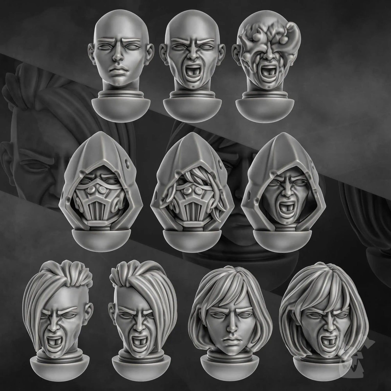Set of 10 3D printed Unholy Space Coven heads by Last Hope Miniatures for tabletop gaming, detailed and ready for painting.
