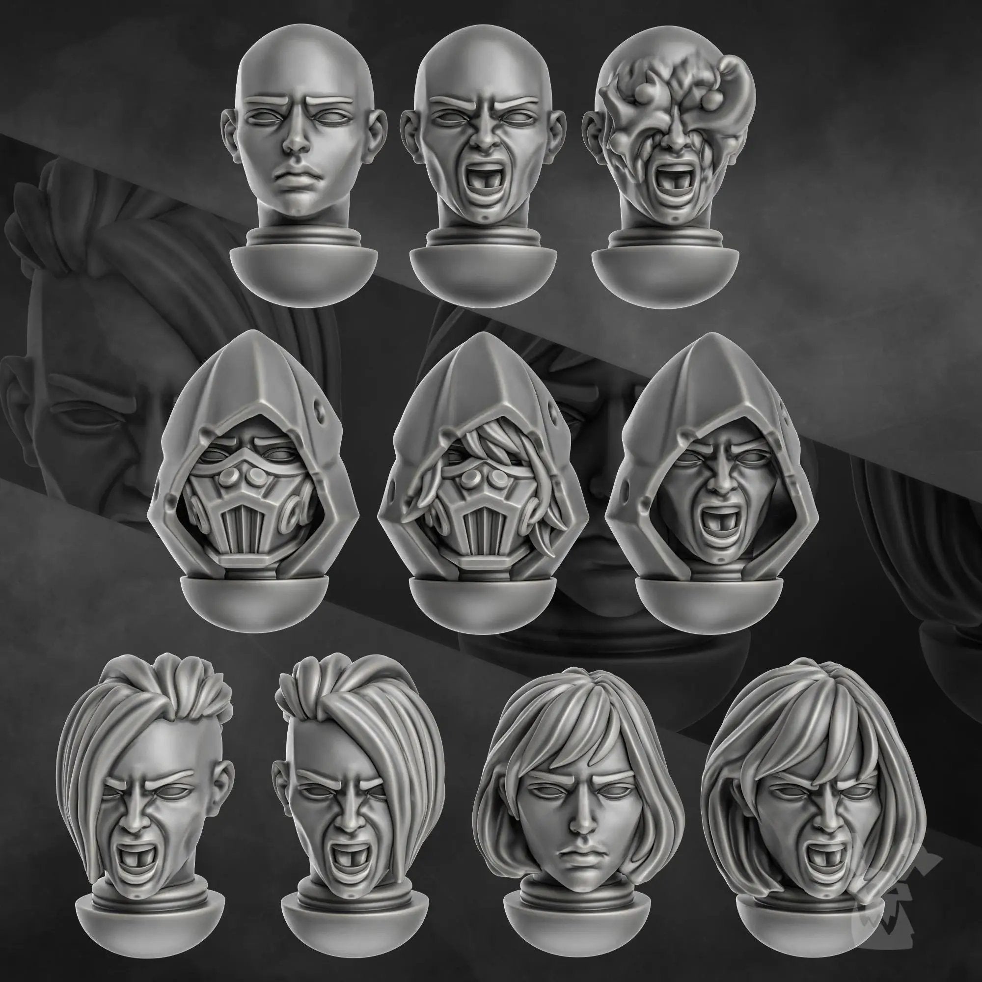 Set of 10 3D printed Unholy Space Coven heads by Last Hope Miniatures for tabletop gaming, detailed and ready for painting.