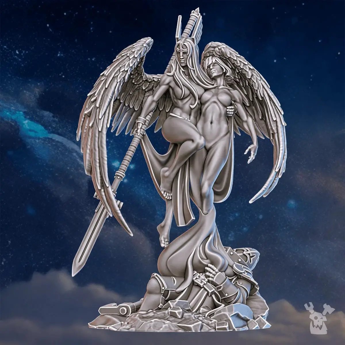 3D printed Valkyrie Warmaster miniature by DakkaDakka Miniatures, painted details, standing on a display base.