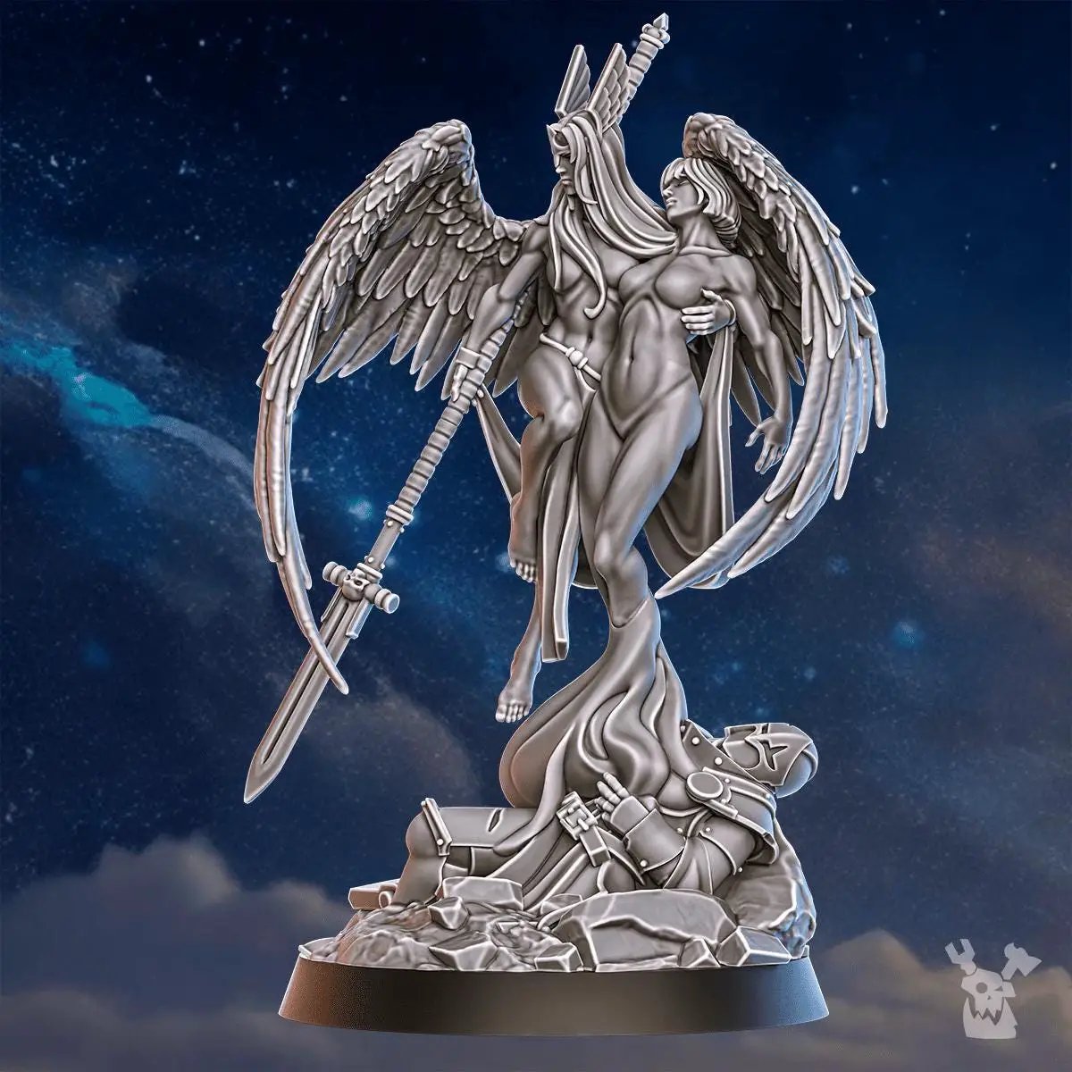 3D printed Valkyrie Warmaster model by DakkaDakka Miniatures, detailed miniature figure with intricate armor and weaponry.