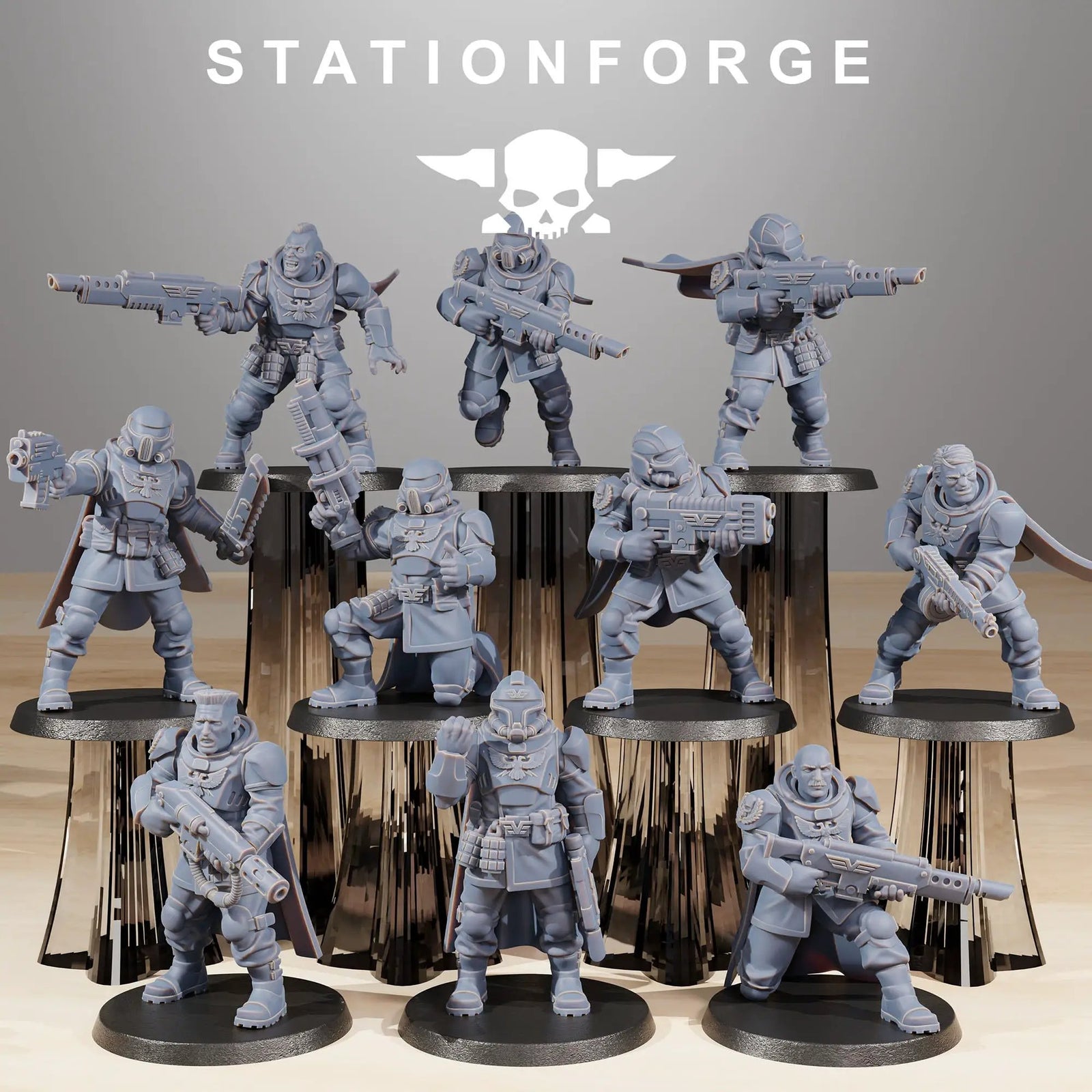 Set of 10 3D printed Vaskar Freedom Fighters miniatures by StationForge, detailed sci-fi soldier figures from Last Hope Miniatures.