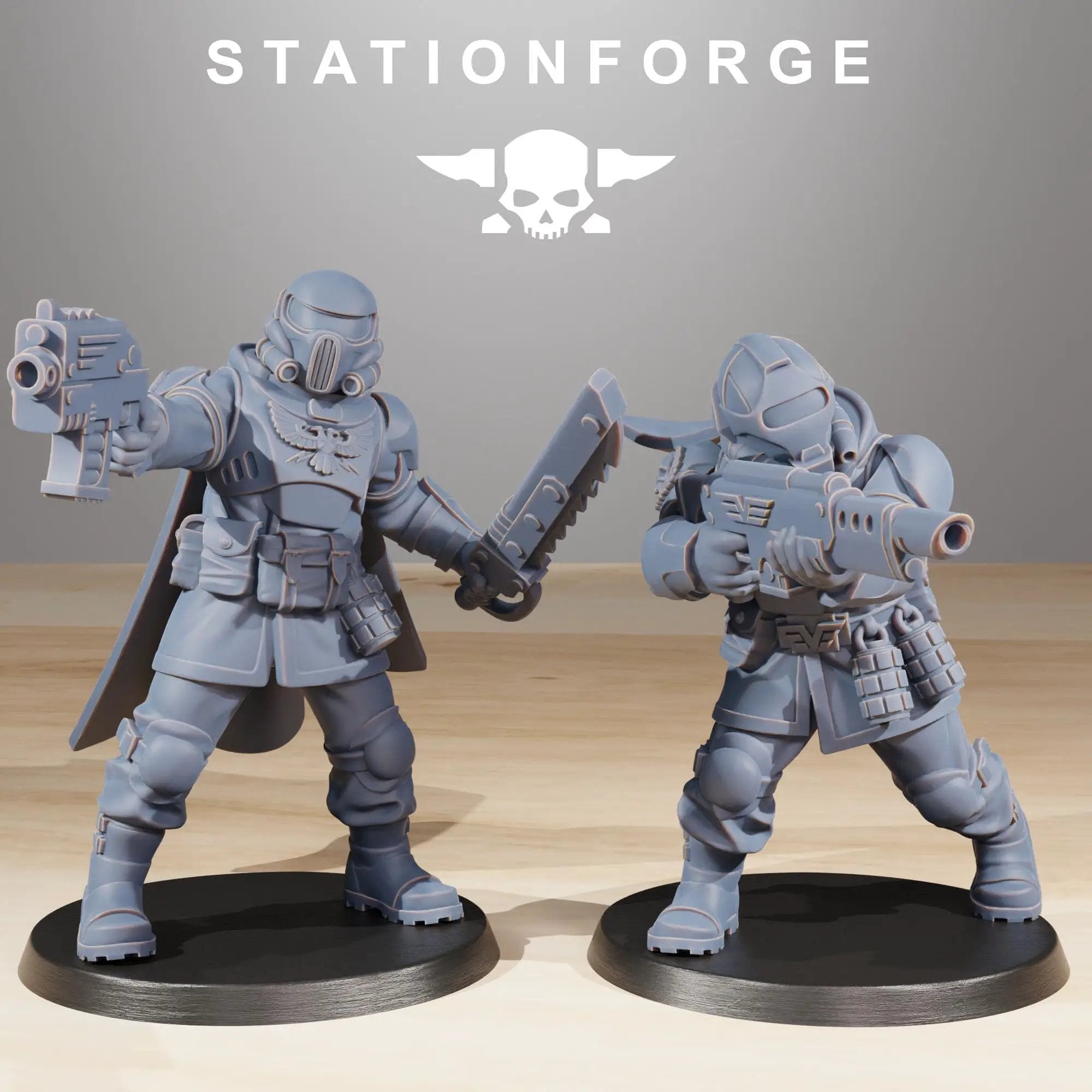 Three 3D printed Vaskar Freedom Fighters miniatures by StationForge, featuring detailed sci-fi soldier figures in dynamic poses.