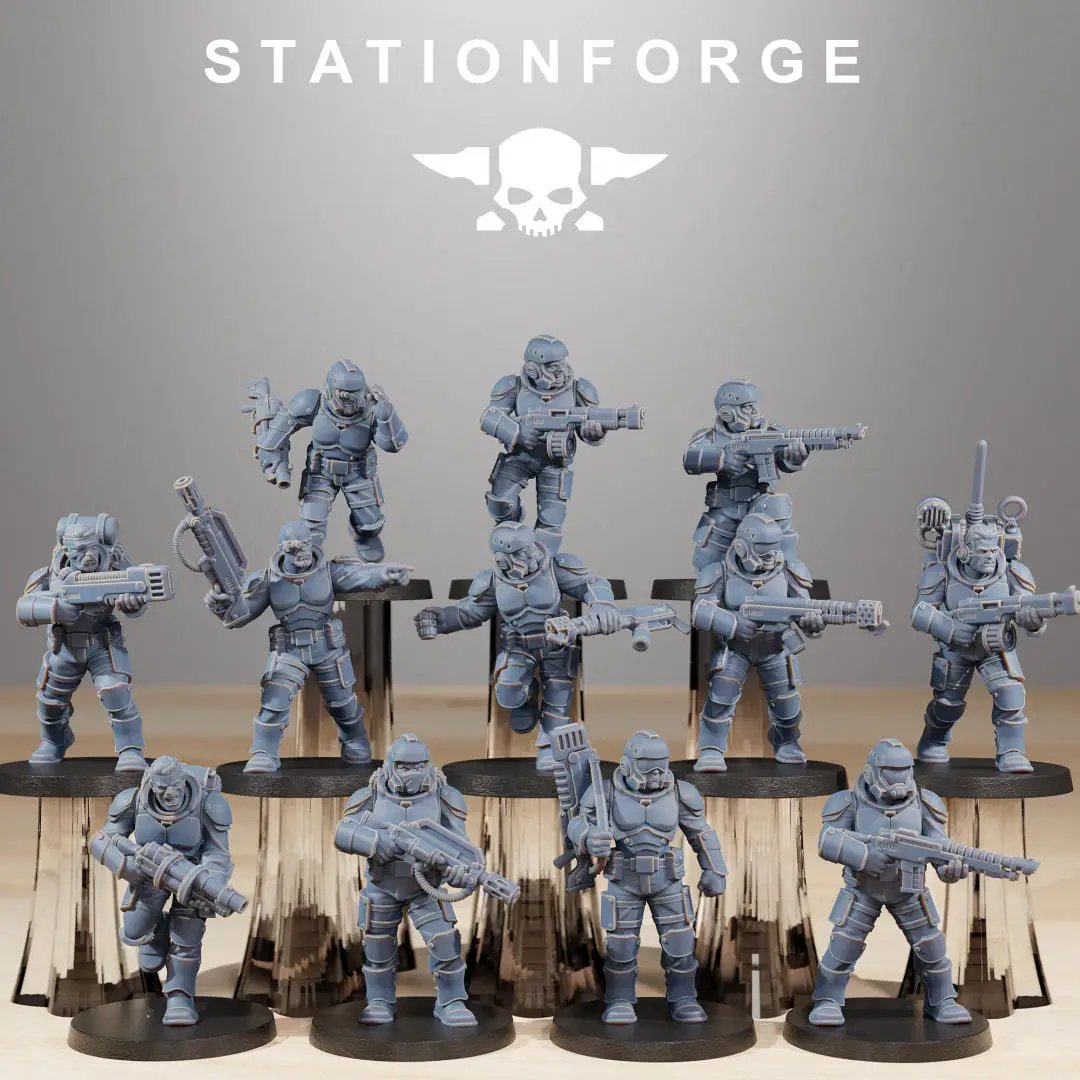 3D printed Vaskar Infantry miniatures from StationForge Miniatures by Last Hope Miniatures, featuring detailed soldier figures.