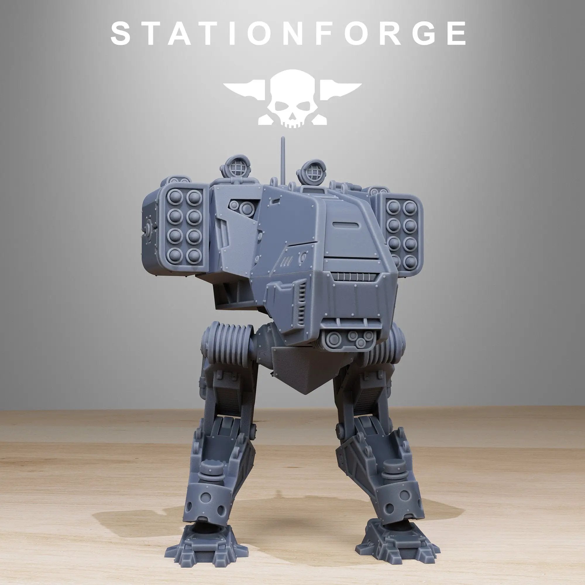 3D printed Vaskar Walker miniature by StationForge Miniatures, showing detailed robot figure with intricate design and metallic finish.