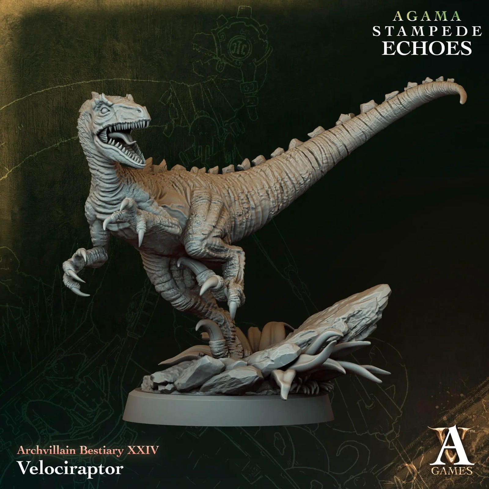 3D printed Velociraptor miniature by Last Hope Miniatures for Archvillain Games, detailed dinosaur model on a base.