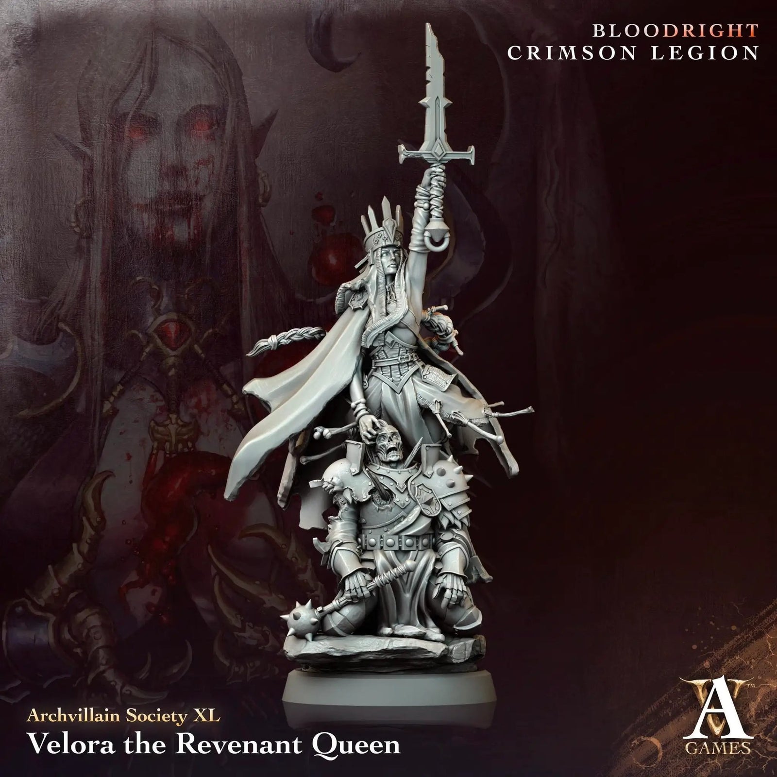 3D printed Velora the Revenant Queen miniature by Last Hope Miniatures, showing intricate details and dynamic pose.