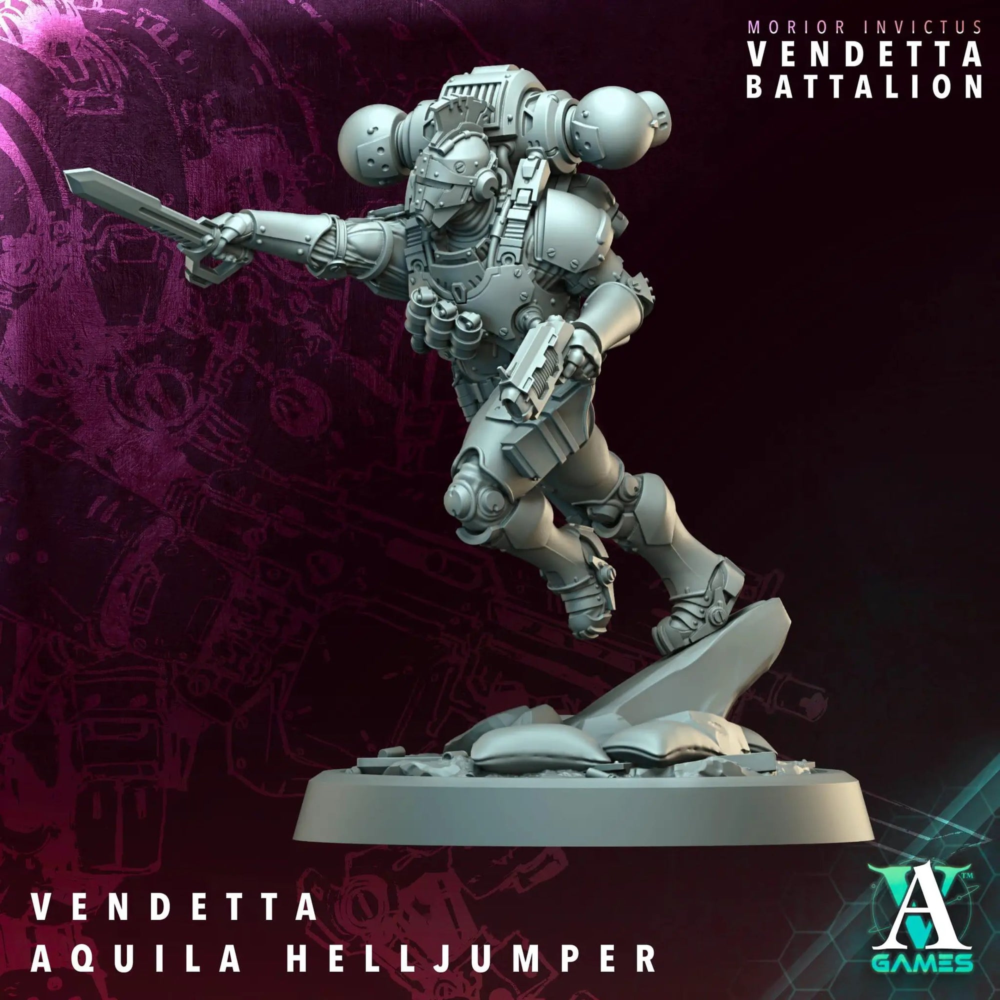 3D printed Vendetta Aquilla Helljumper miniature by Last Hope Miniatures, a detailed sci-fi model from Archvillain Games.