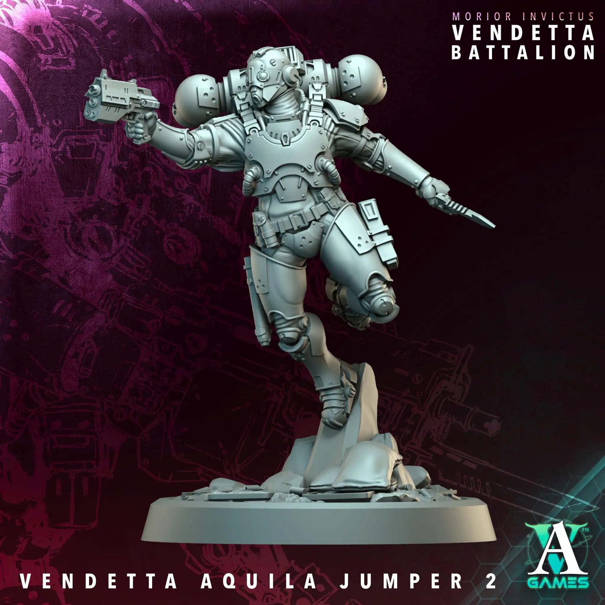 Six 3D printed Vendetta Aquilla Jumpers miniatures by Last Hope Miniatures for Archvillain Games, detailed sci-fi figures.
