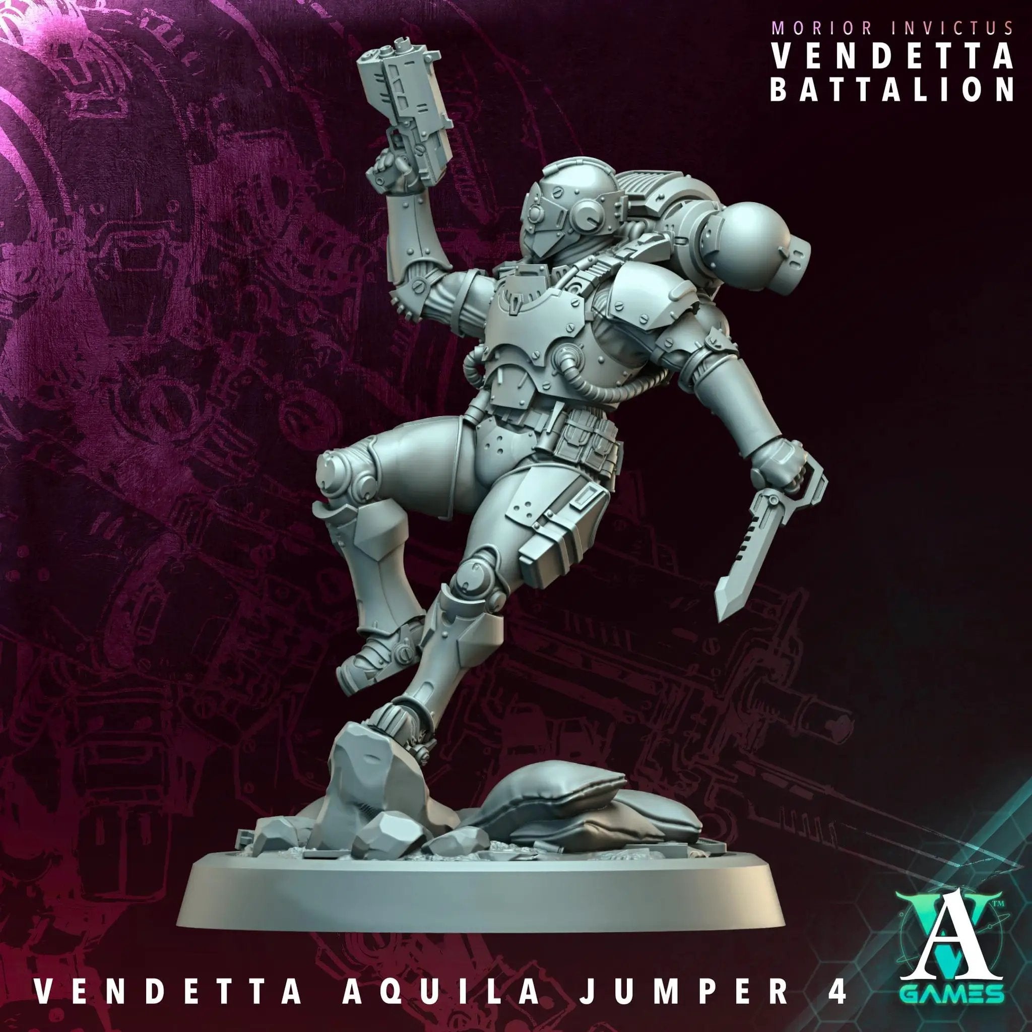 Six 3D printed Vendetta Aquilla Jumpers miniatures by Last Hope Miniatures for Archvillain Games, detailed sci-fi models.