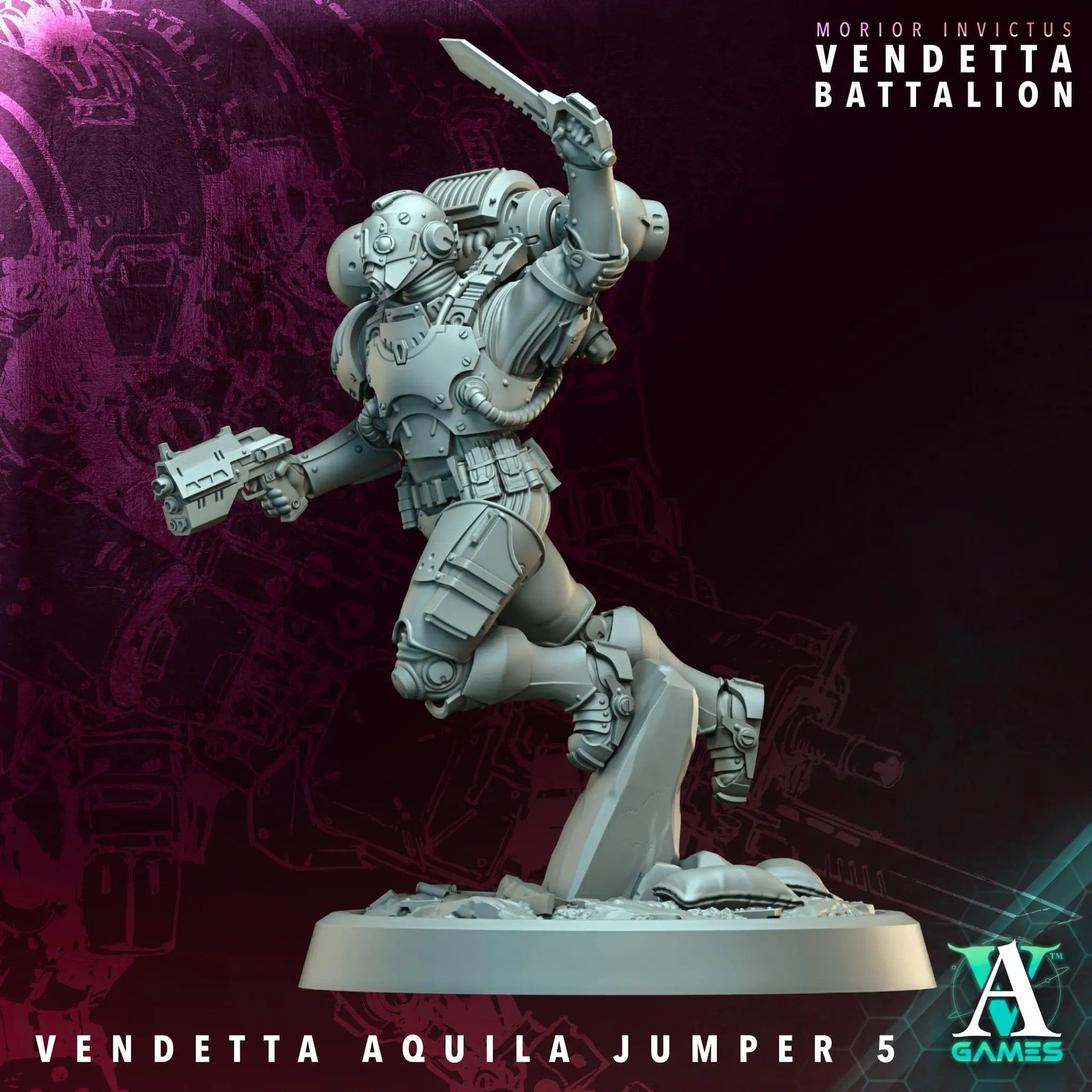 Six 3D printed Vendetta Aquilla Jumpers miniatures by Last Hope Miniatures for Archvillain Games, detailed sci-fi gaming figures.