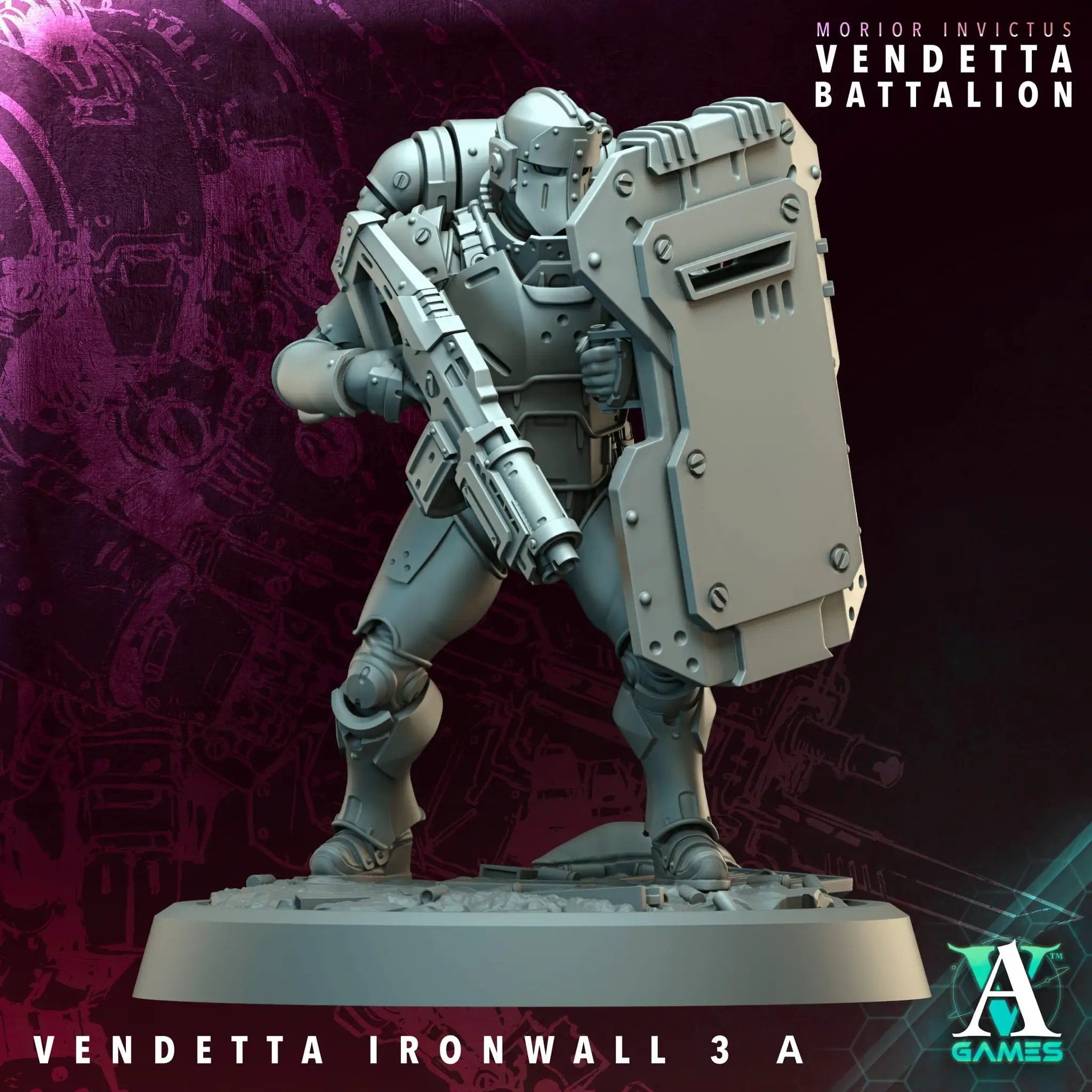 Six 3D-printed Vendetta Ironwalls miniatures by Last Hope Miniatures for Archvillain Games, detailed war gaming terrain pieces.