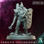 3D printed Vendetta Shieldbearer miniature by Last Hope Miniatures, featuring detailed armor and shield in a dynamic pose.