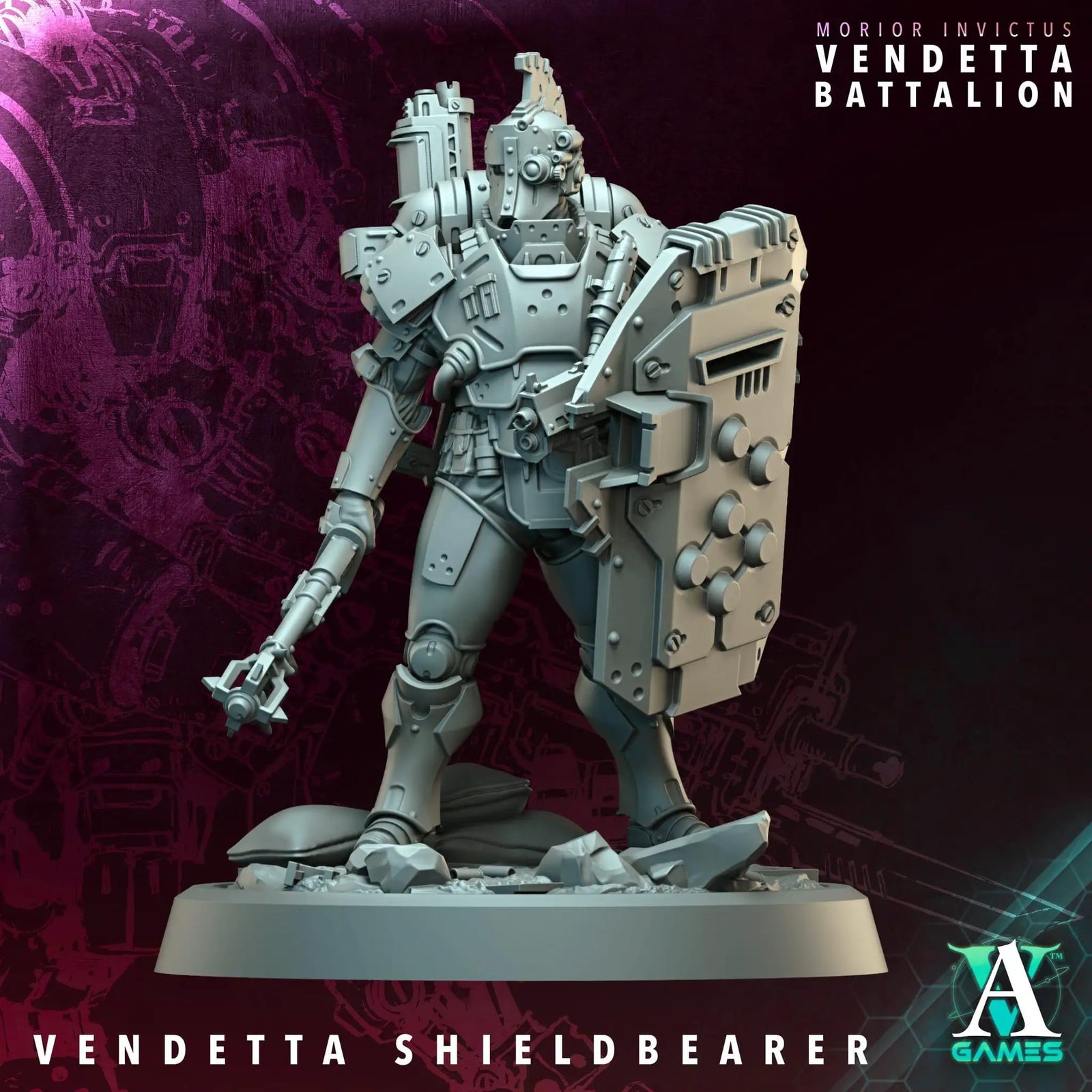 3D printed Vendetta Shieldbearer miniature by Last Hope Miniatures, featuring detailed armor and shield in a dynamic pose.
