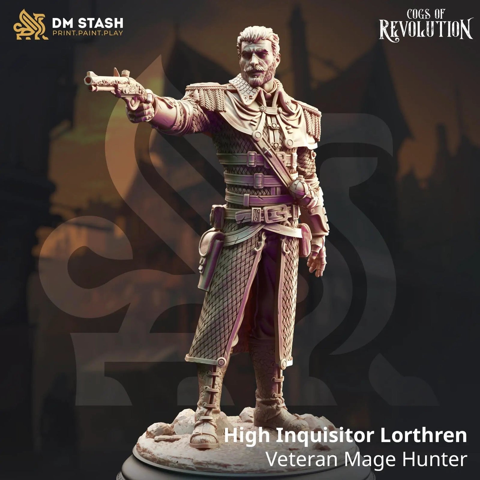 3D printed Veteran Mage Hunter miniature by Last Hope Miniatures for DM Stash, featuring detailed armor and weaponry.