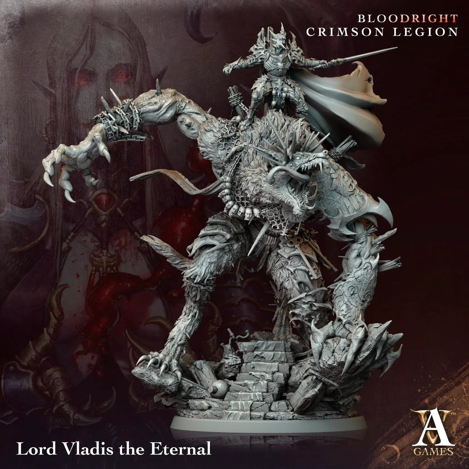 3D printed Vladis the Eternal miniature by Last Hope Miniatures, showing intricate details and dynamic pose on a black background.