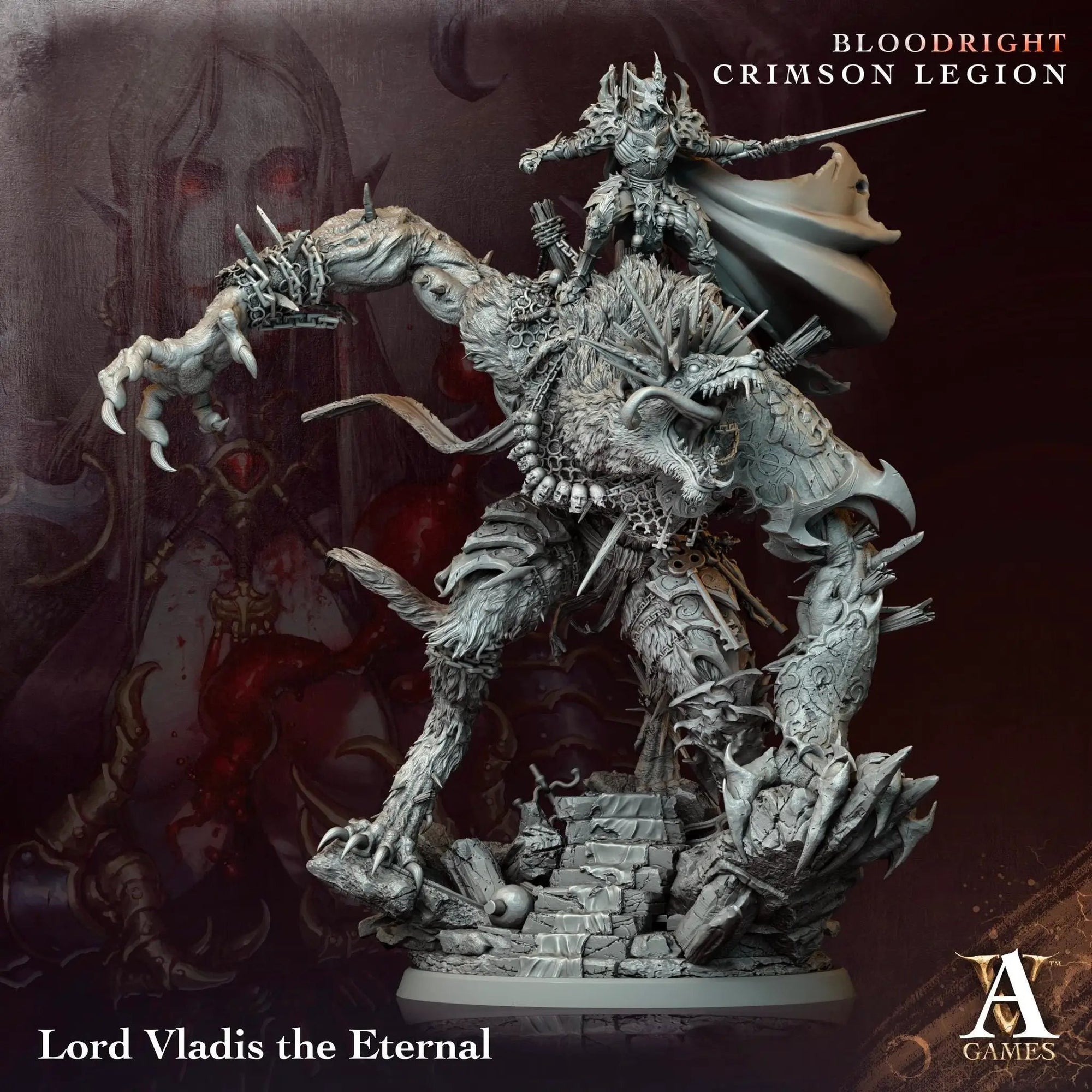 3D printed Vladis the Eternal miniature by Last Hope Miniatures, showing intricate details and dynamic pose on a black background.