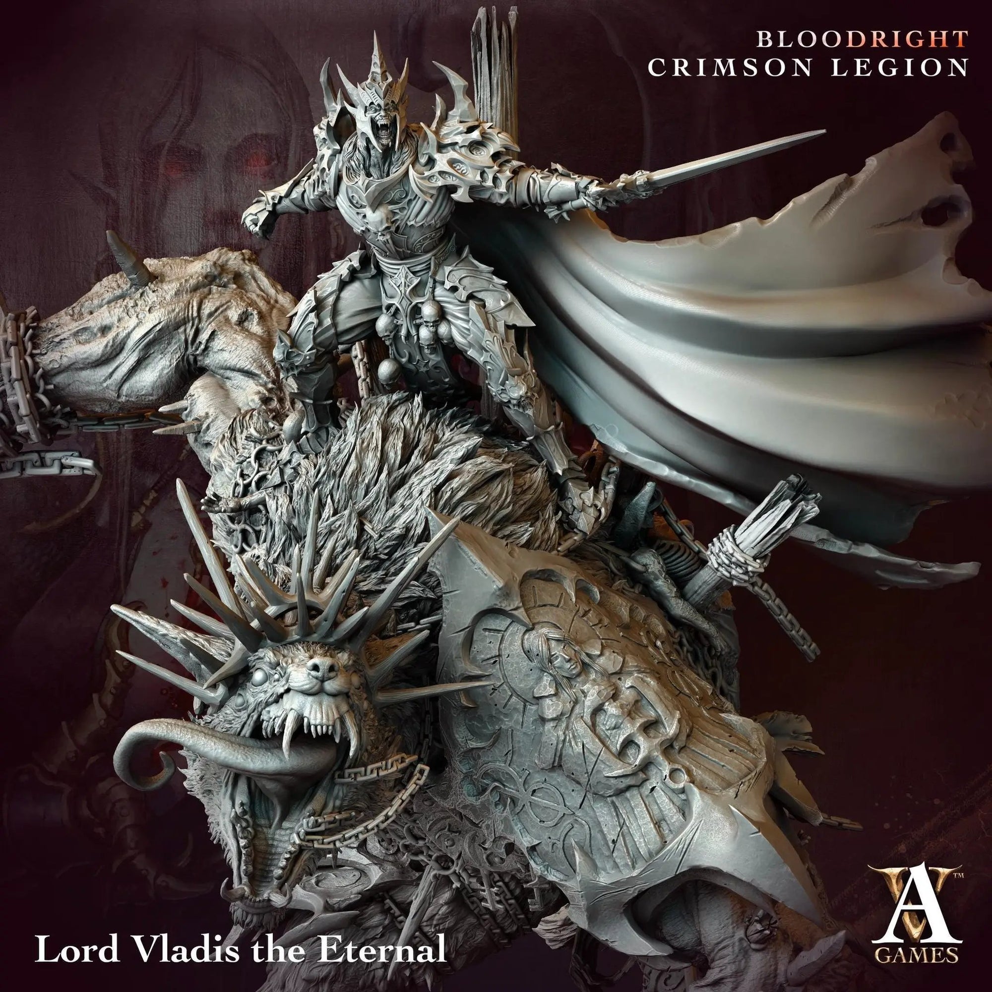3D printed Vladis the Eternal miniature by Last Hope Miniatures, detailed figure from Archvillain Games, displayed on a black background.