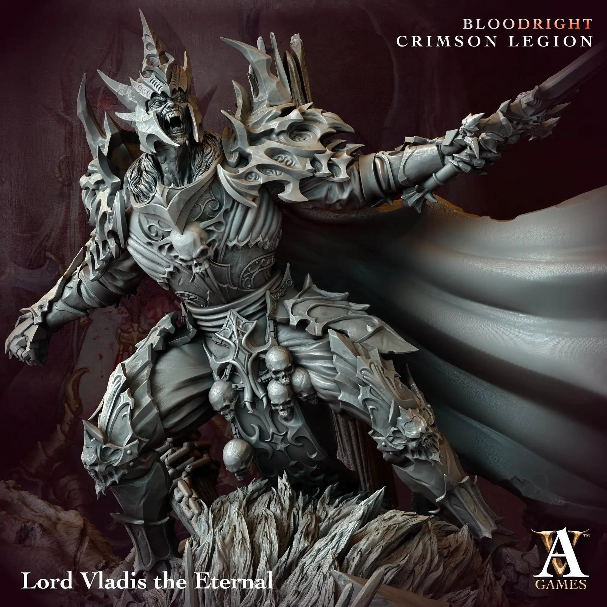 3D printed Vladis the Eternal miniature by Last Hope Miniatures for Archvillain Games, showing detailed fantasy character with intricate armor.
