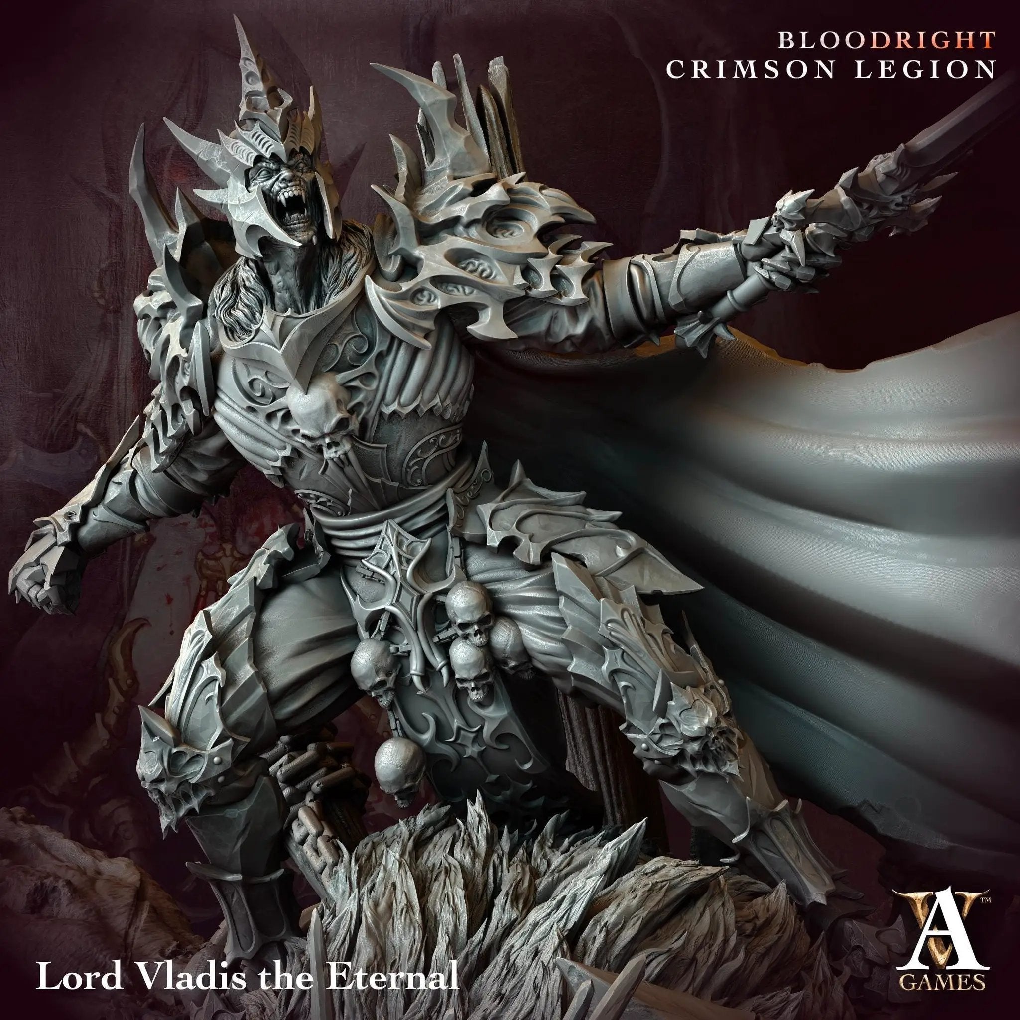 3D printed Vladis the Eternal miniature by Last Hope Miniatures for Archvillain Games, showing detailed fantasy character with intricate armor.