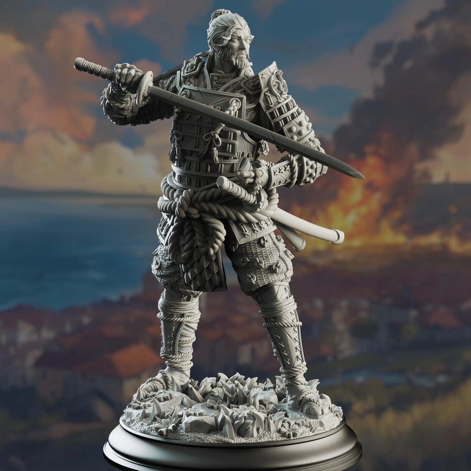 3D printed Wandering Samurai figure by Last Hope Miniatures, showcasing detailed armor and traditional samurai attire.