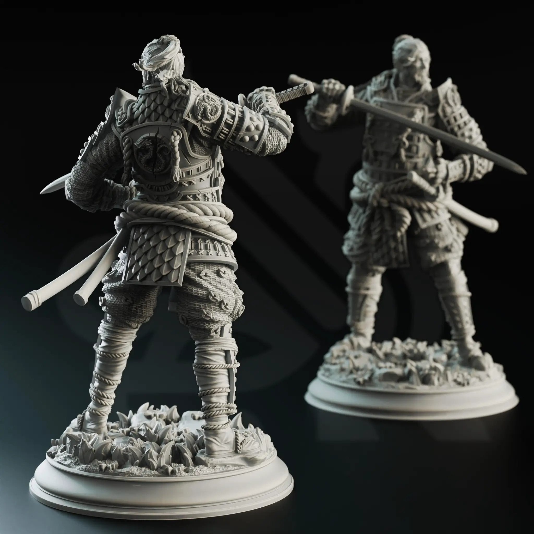 3D printed Wandering Samurai miniature by Last Hope Miniatures, showcasing intricate armor and detailed sword craftsmanship.