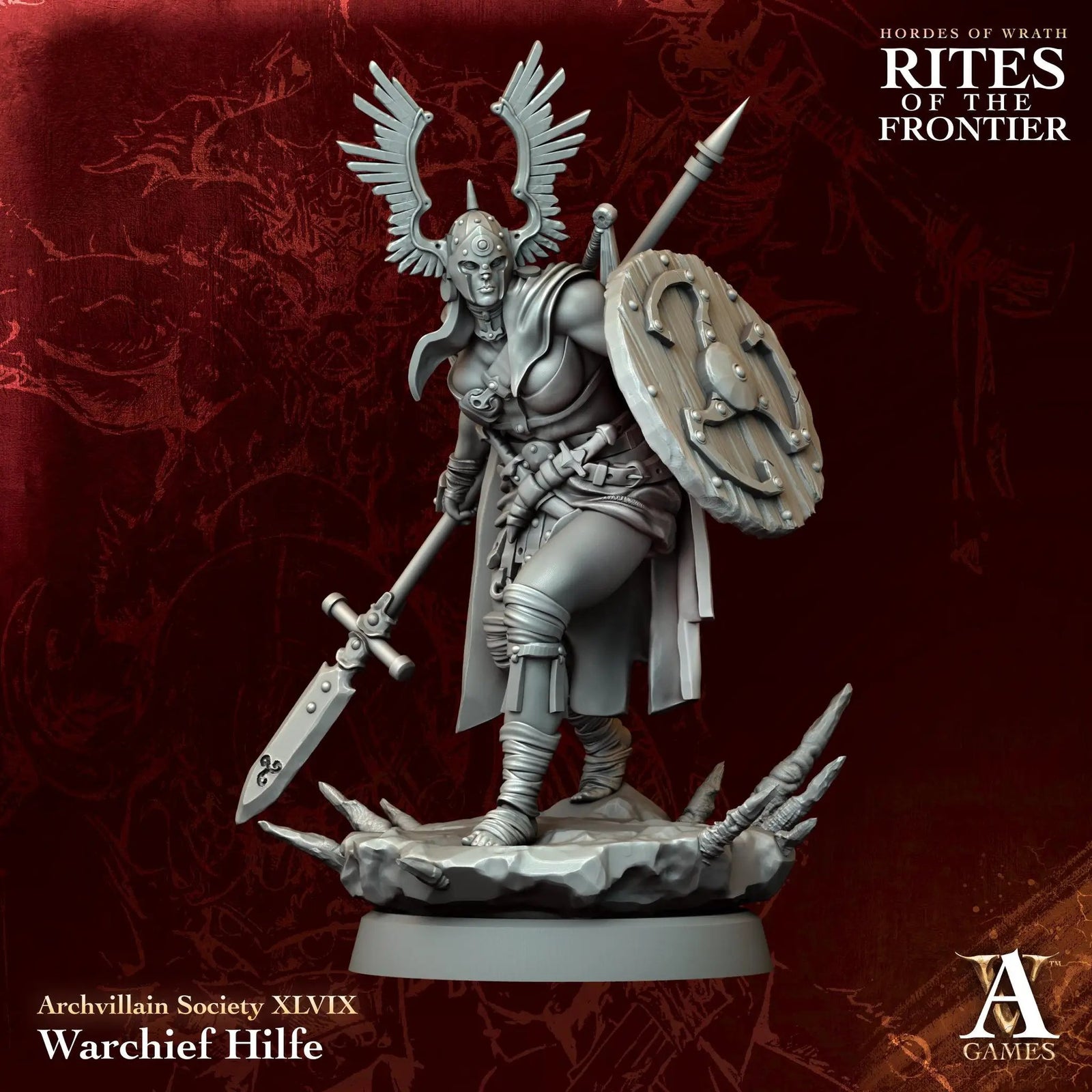 3D printed Warchief Hilfe miniature by Archvillain Games, detailed fantasy warrior figure from Last Hope Miniatures collection.