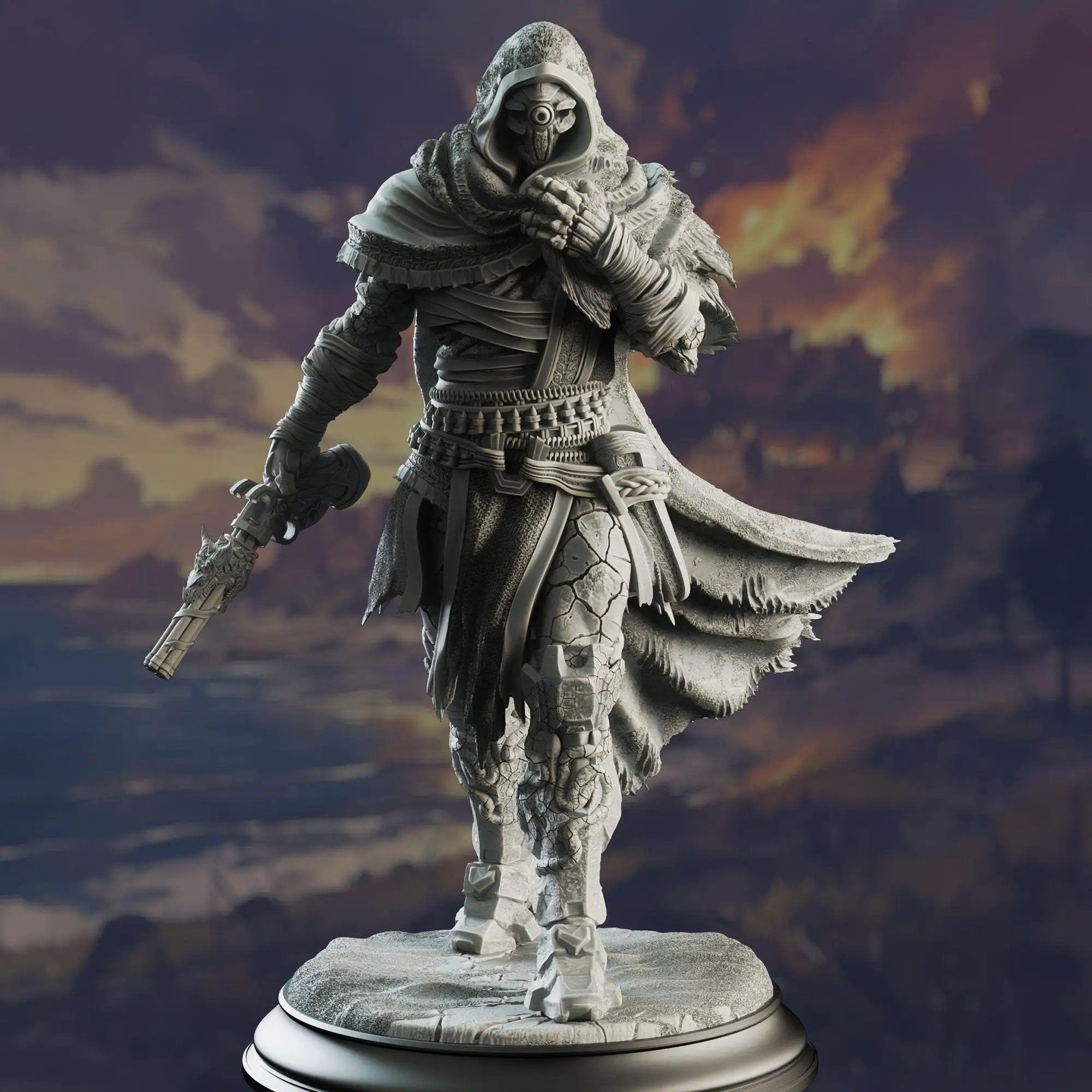 3D printed Warforged Gunslinger miniature by Last Hope Miniatures, showing detailed robotic figure with gun in hand.
