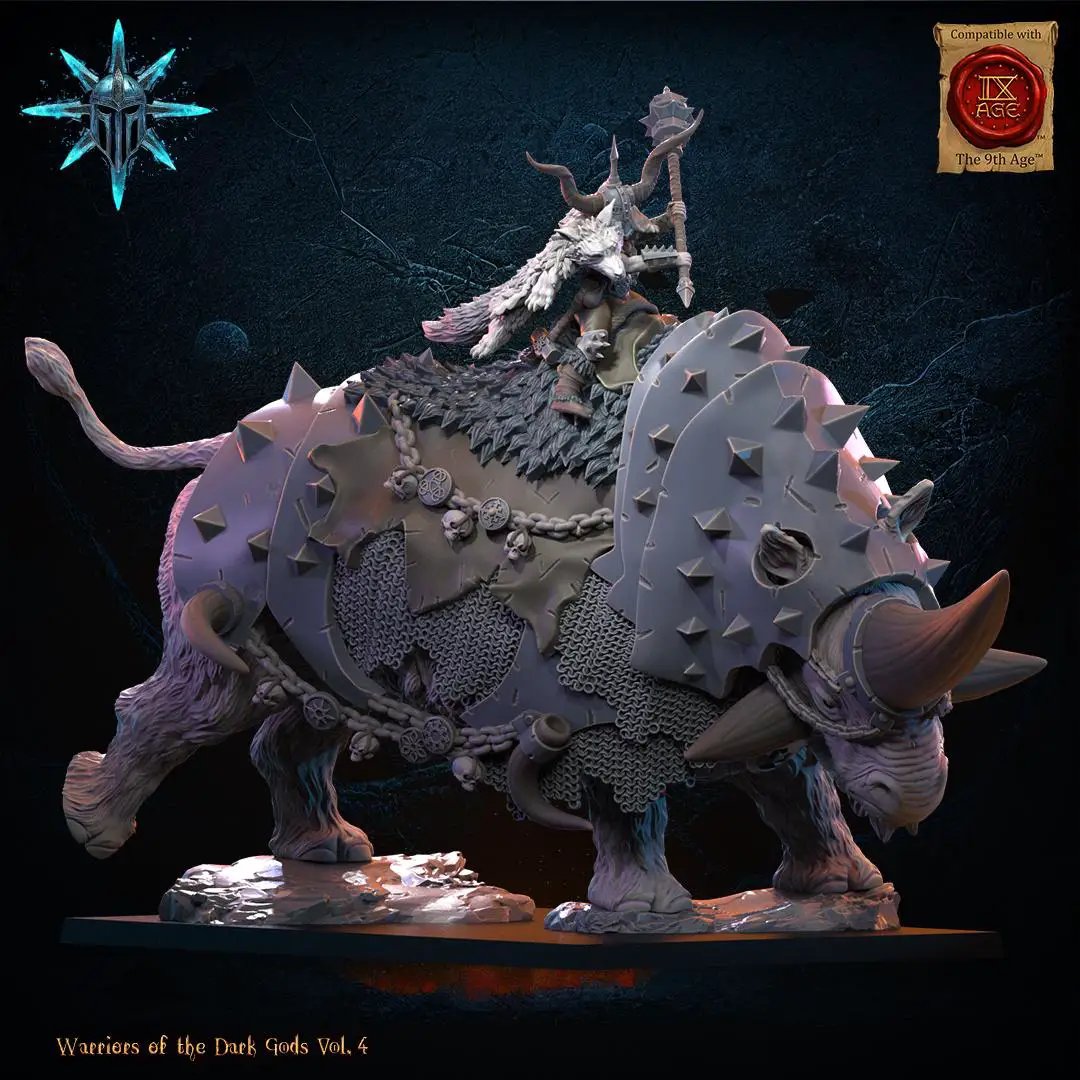 3D printed Wasteland Wooly Trihorn miniature by Lost Kingdom Miniatures, showing detailed woolly texture and three prominent horns.