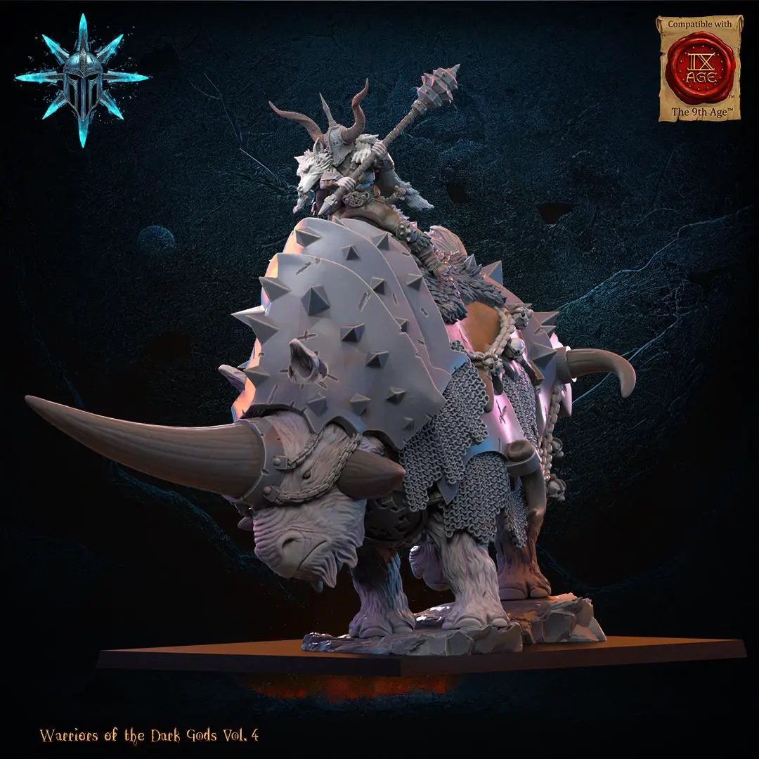 3D printed Wasteland Wooly Trihorn miniature by Lost Kingdom Miniatures, featuring a detailed woolly creature with three prominent horns.
