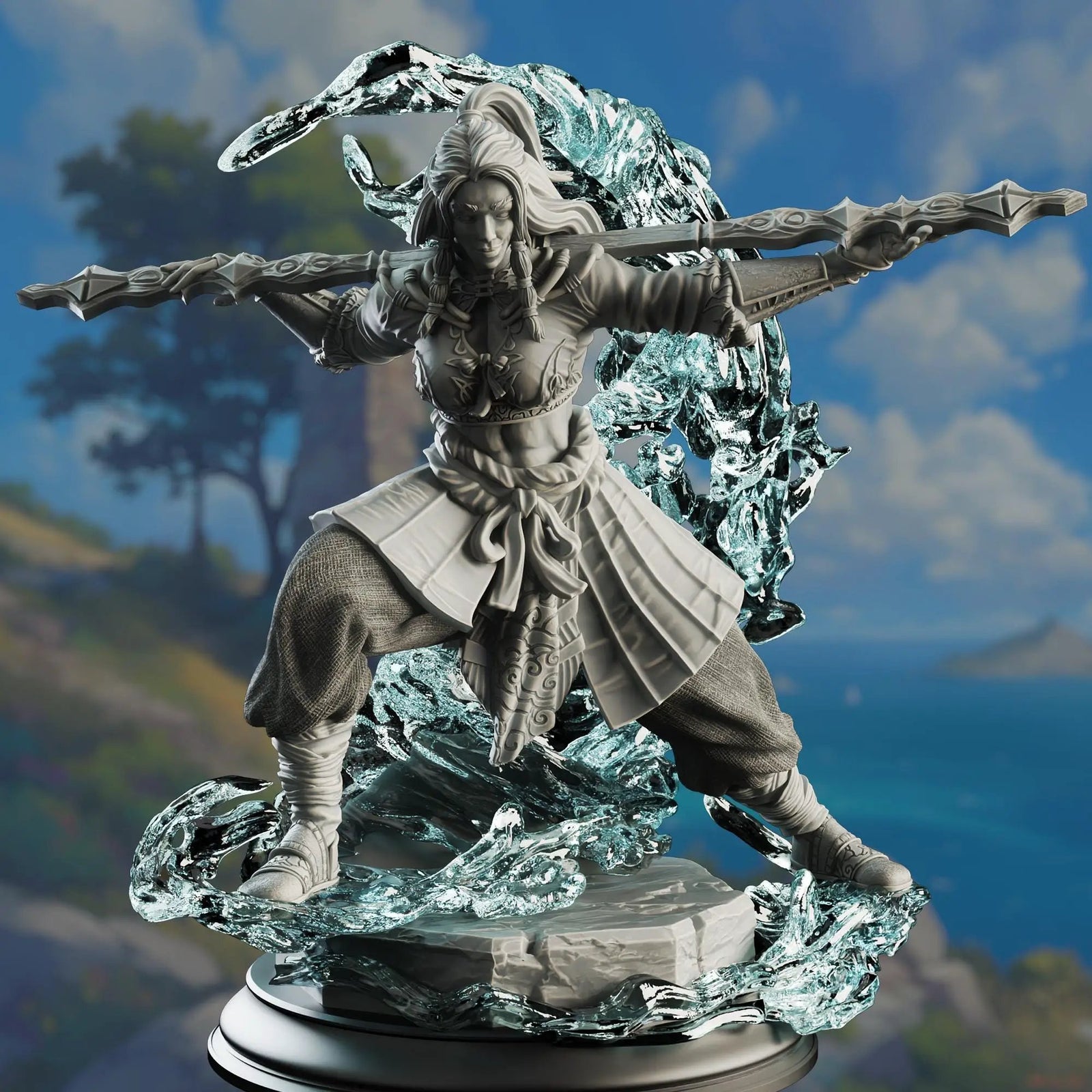 3D printed Water Element Monk miniature by Last Hope Miniatures, showcasing a detailed aquatic-themed figurine with flowing robes.