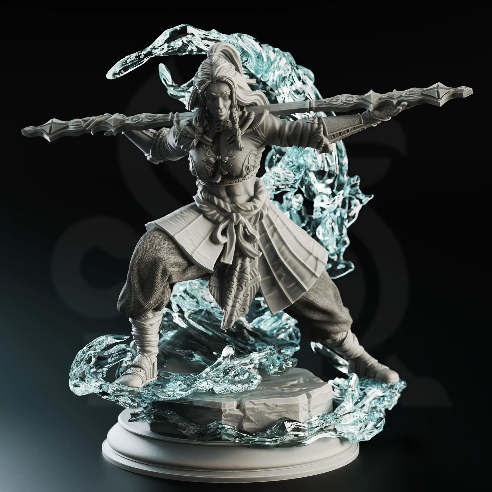 3D printed Water Element Monk figurine by Last Hope Miniatures, showcasing intricate details and fluid water-themed design.