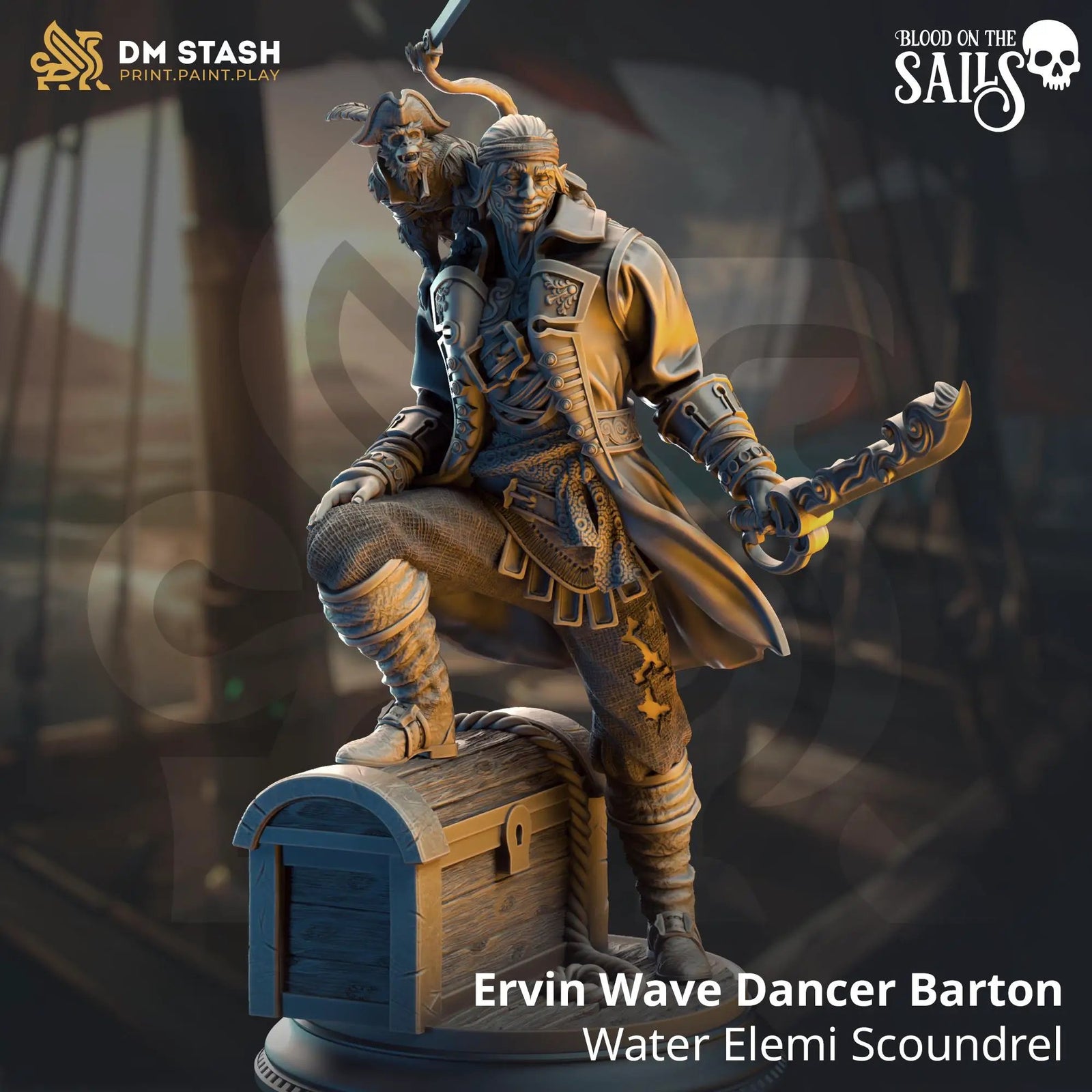 3D printed Water Elemi Scoundrel miniature by Last Hope Miniatures, featuring detailed aquatic character design.
