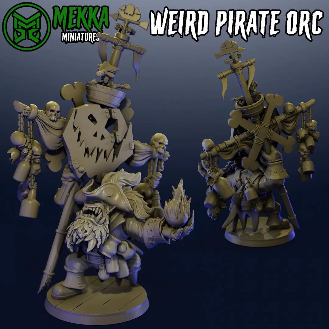 3D printed Weird Pirate Ork miniature by Last Hope Miniatures, featuring a detailed orc with pirate attire and accessories.