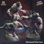 Three 3D printed Werewolf Warriors miniatures by Last Hope Miniatures, featuring detailed werewolf figures for tabletop gaming.