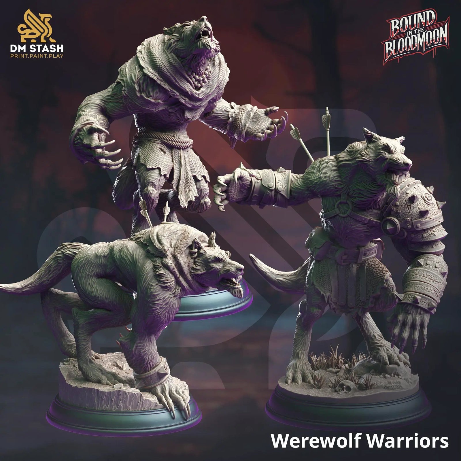 Three 3D printed Werewolf Warriors miniatures by Last Hope Miniatures, featuring detailed werewolf figures for tabletop gaming.
