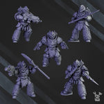 Set of ten 3D-printed white Megaladon Clan Warriors miniatures by Last Hope Miniatures for tabletop gaming.