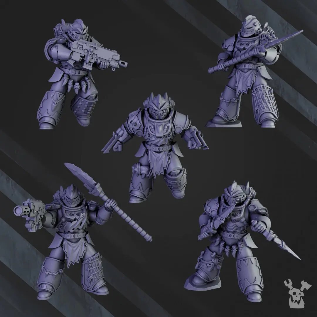 Set of ten 3D-printed white Megaladon Clan Warriors miniatures by Last Hope Miniatures for tabletop gaming.