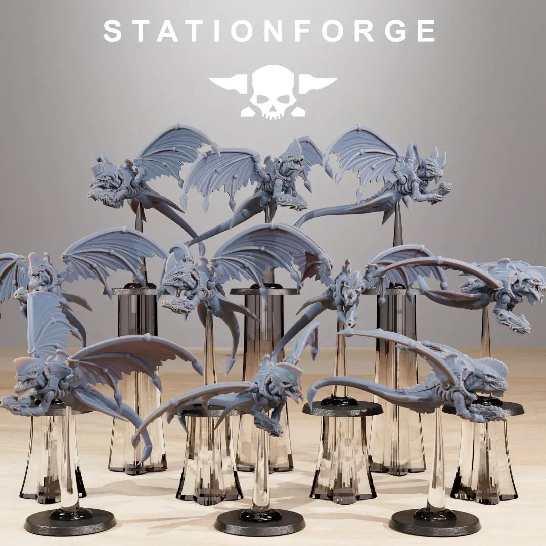 Set of 10 3D printed Xenarid Flyers miniatures by StationForge for Last Hope Miniatures, showcasing detailed sci-fi aircraft models.