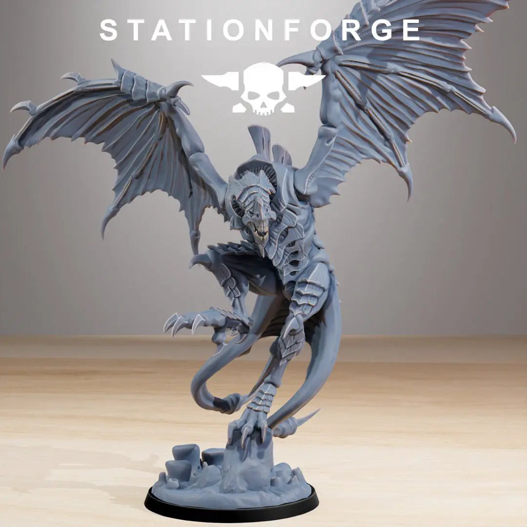 3D printed Xenarid Flying Leader miniature by StationForge Miniatures, featuring detailed alien creature with wings and intricate textures.